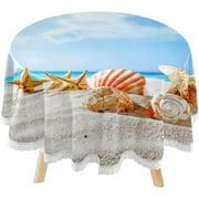 SKYSONIC Starfish Shell Sand Round Tablecloth 60inch Indoor Wrinkle Free, Summer Background Circular Lace Table Cover Washable for Kitchen Party BBQ Dining Decor