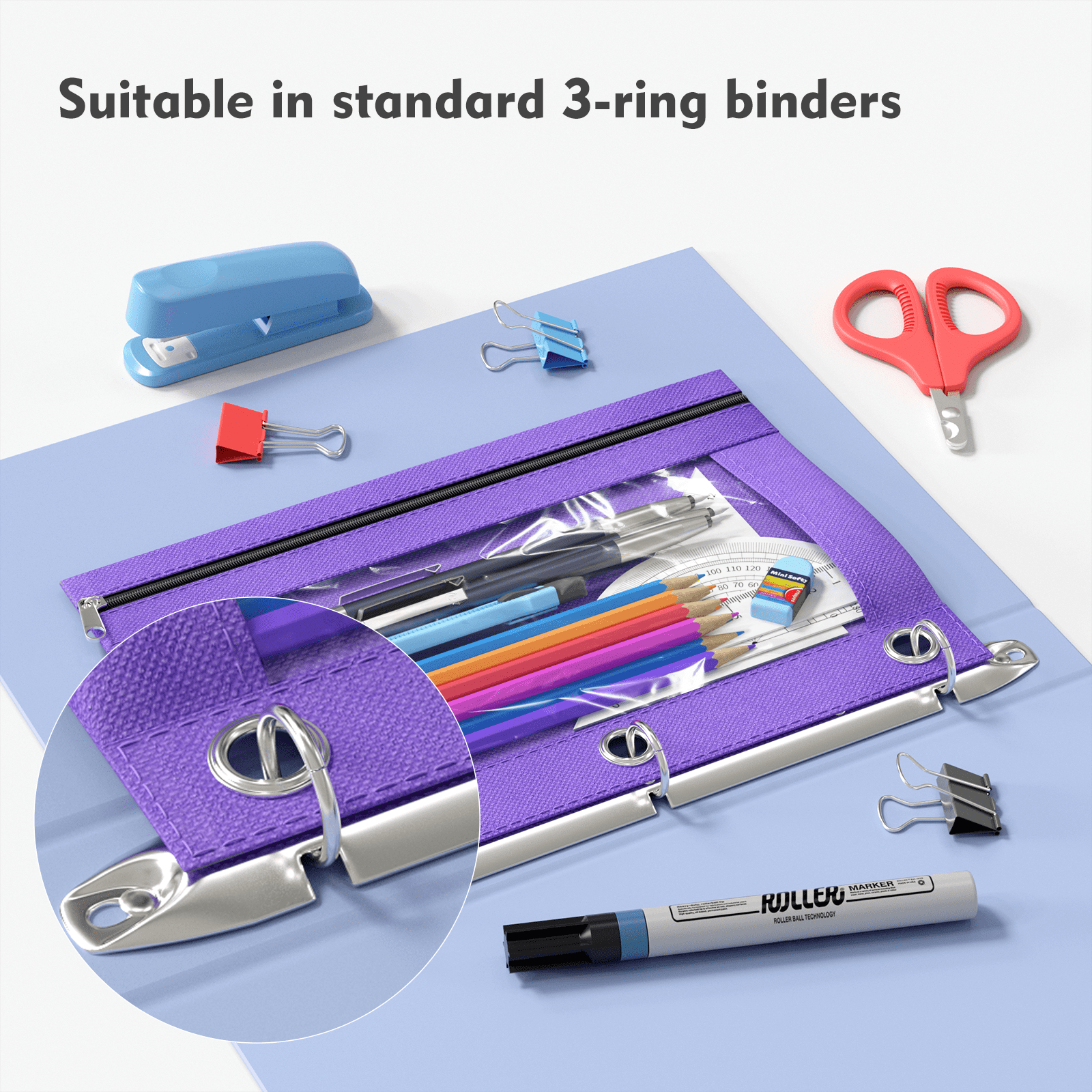 DoDoMagxanadu 3 Ring Binder Pencil Pouch with Zipper, Pencil Case with Rivet Enforced 3 Ring for School Supplies, 20 pack Clear Window Pencil Bag for Binder