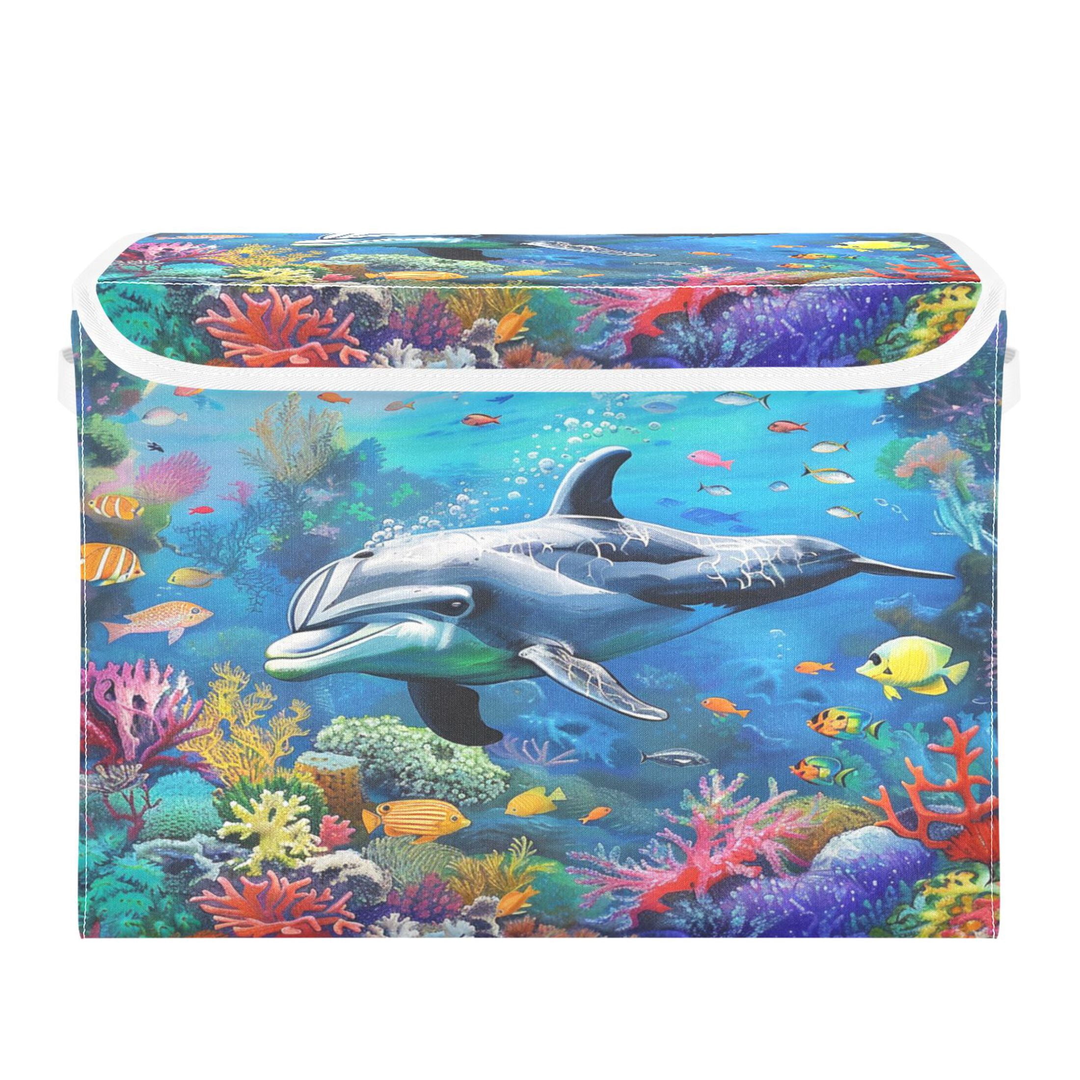 Ryvnso Dolphin and Fish under Sea Large Lidded Foldable Storage Baskets Cubes Boxes Lids Bin for Home
