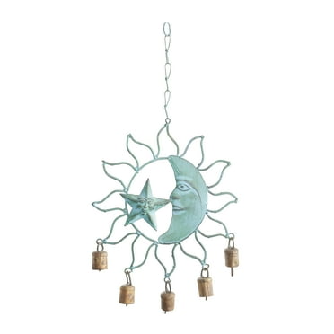 DecMode 13" Teal Metal Sun and Moon Windchime with Bells
