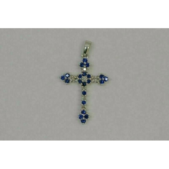 1.20Ct Round Cut Lab-Created Blue Sapphire Women's Cross Pendant 14K White Gold Plated Gift Silver Free Chain 18"