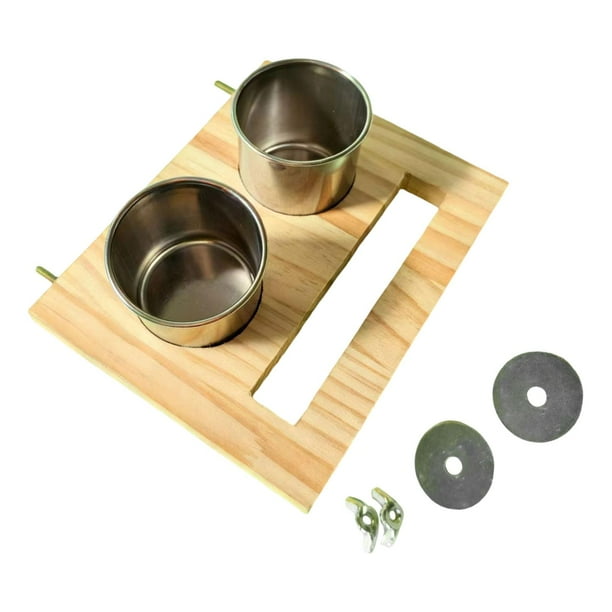 Comedero para pájaros, bebedero para jaula, cuenco de acero inoxidable para mascotas, percha de madera para animales Copa doble