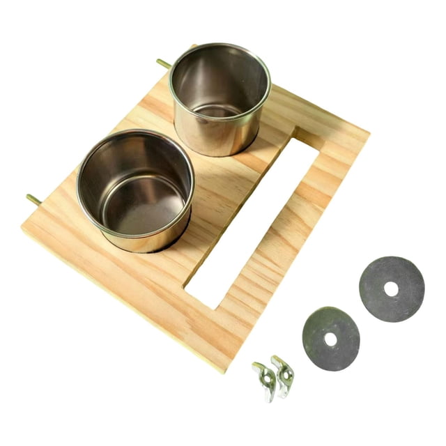 Comedero para pájaros, bebedero para jaula, cuenco de acero inoxidable para mascotas, percha de madera para animales Copa doble
