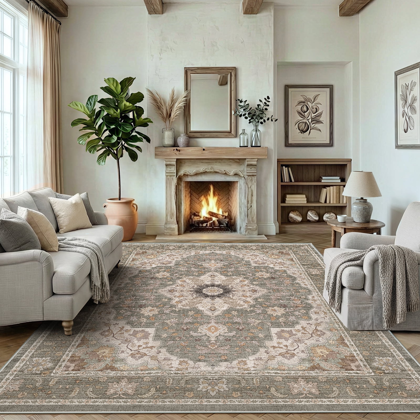 CHITOOMA 8'x10' Area Rugs for Living Room, Boho Machine Washable Floral Area Rug with Non-Slip Backing, Stain Resistant Non-Shed Carpet for Bedroom, Dining Room, Dorm, Office