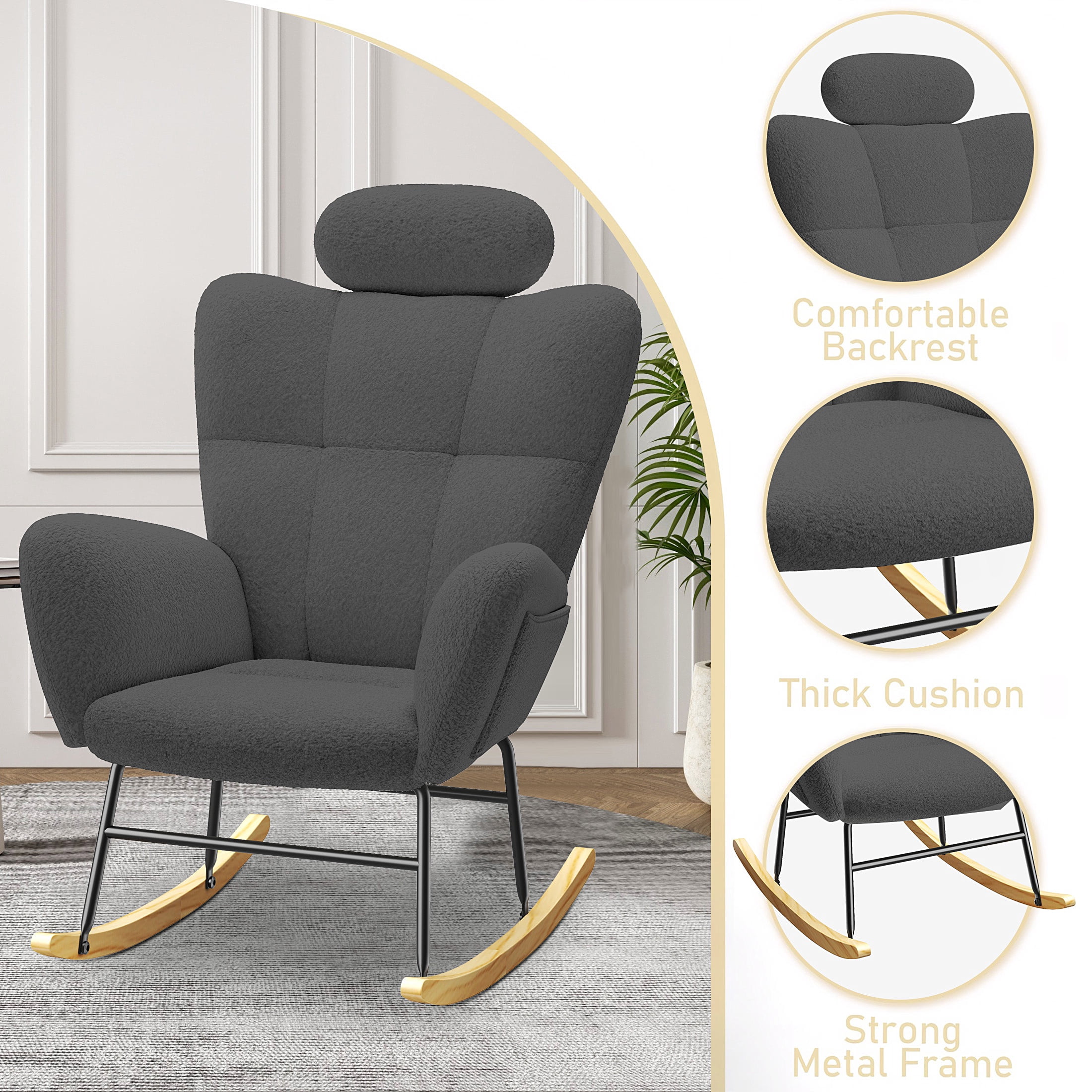 UHOMEPRO Modern Teddy Fabric Rocking Chair, Accent Rocker Chair with High Backrest, Accent Glider Rocker for Living Room Bedroom Playroom, Gray