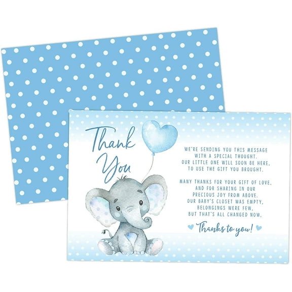 Elephant Baby Shower Thank You Cards - 20 Count Pre-Written Thank You Cards - Baby Sprinkle Blue Dots