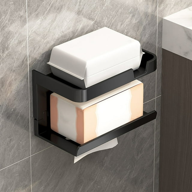 Portarrollos de papel higiénico de pared | Soporte adhesivo de plástico inoxidable con estante | Gris mate, negro y blanco | Parte superior curvada para teléfono y artículos pequeños | Dispensado