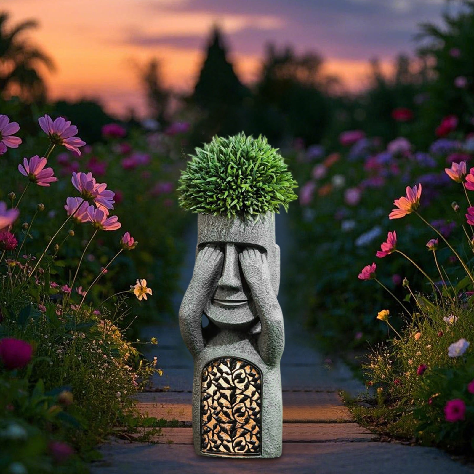 Easter Island Solar Light Statue - 10" Outdoor Garden Decor with Planter & Solar Light, Moai Head Sculpture for Yard, Patio & Garden Decorations - Weather Resistant Resin Art