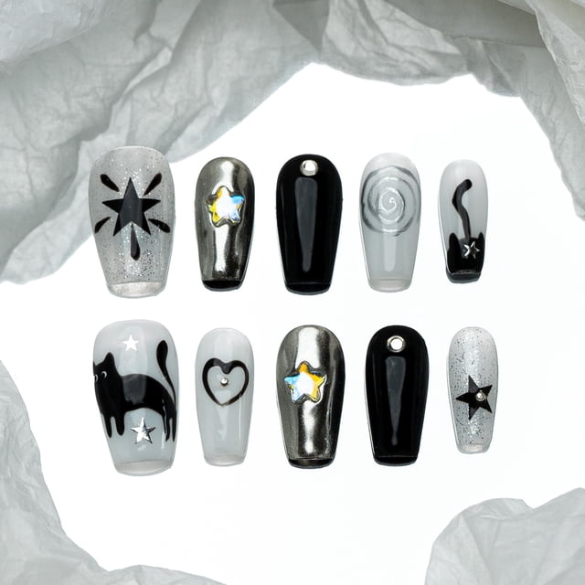 Uñas Postizas Sun&Beam Medianas Ballerina Negro Gris Plata
