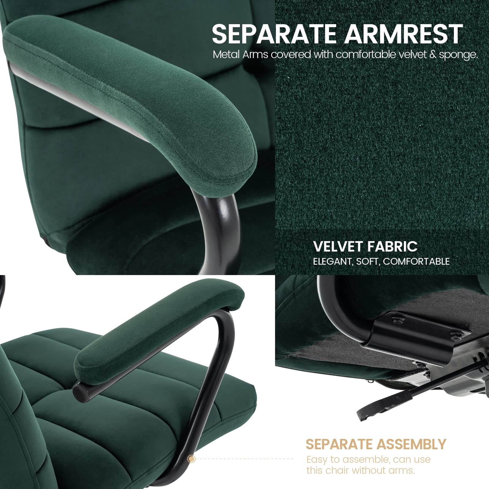 Velvet Desk Chair with Arms, Adjustable Height Home Office Chair, Mid-Back Upholstered Vanity Chair with 360° Swivel and Wheels for Living Room or Study, Dark Green