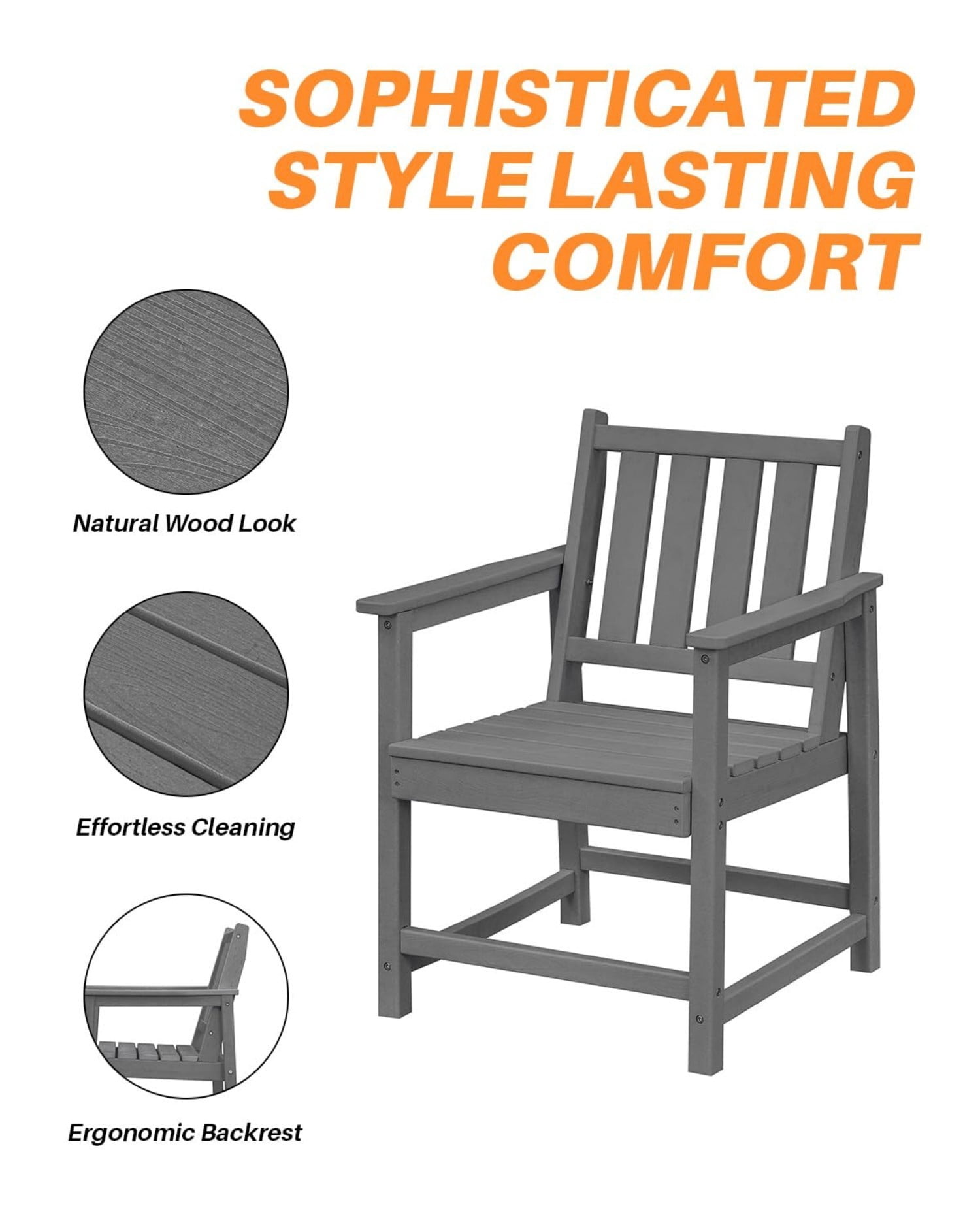 Patio Dining Chair Set of 2, HDPE Outdoor Dining Chairs with Ergonomic Backrest, All Weather Patio Chairs for Backyard, Deck, Garden, Poolside, Smoke Gray