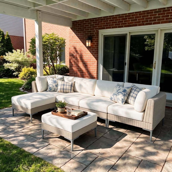 LayinSun 6-Piece Wicker Rattan Patio Furniture Set, Deep Seating Outdoor Modular Sectional Sofa Conversation Set with Thick Cushions for Lawn, Garden