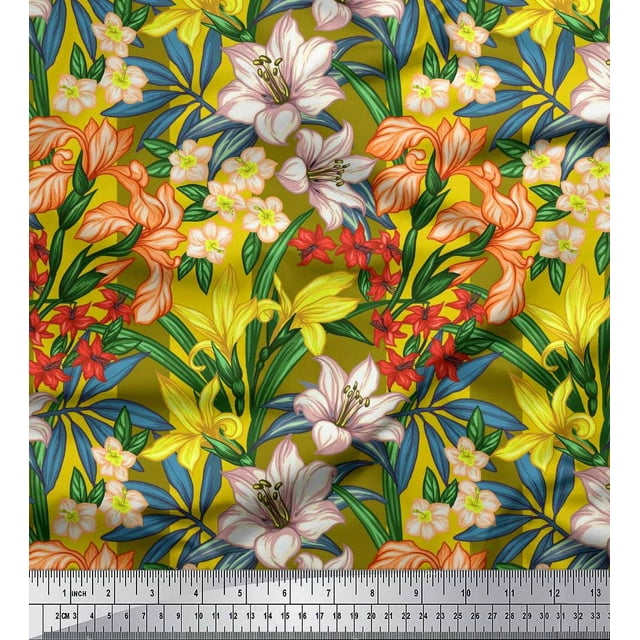 Soimoi Yellow polyester Crepe Fabric Leaves, & Lily Floral Fabric Prints By Yard 42 Inch Wide