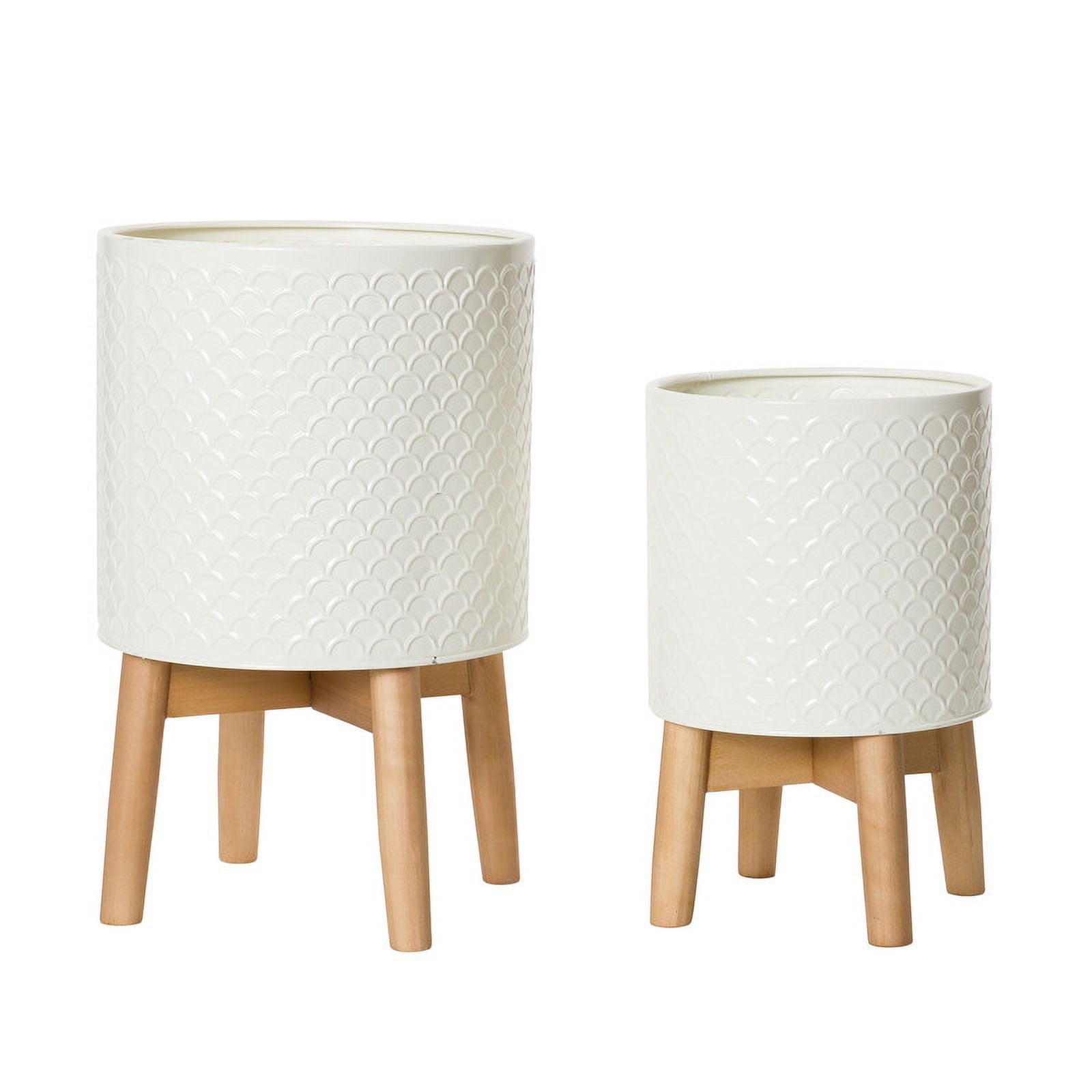 2-Piece Modern Metal Planter Pot With 4-Leg Wood Base - Beige - 17"H x 10"W / 13.5"H x 8.5"W