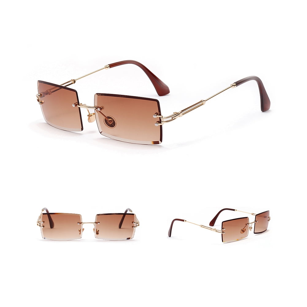 Pluora - Women Classic Rectangle Rimless Fashion Square Sunglasses Brown