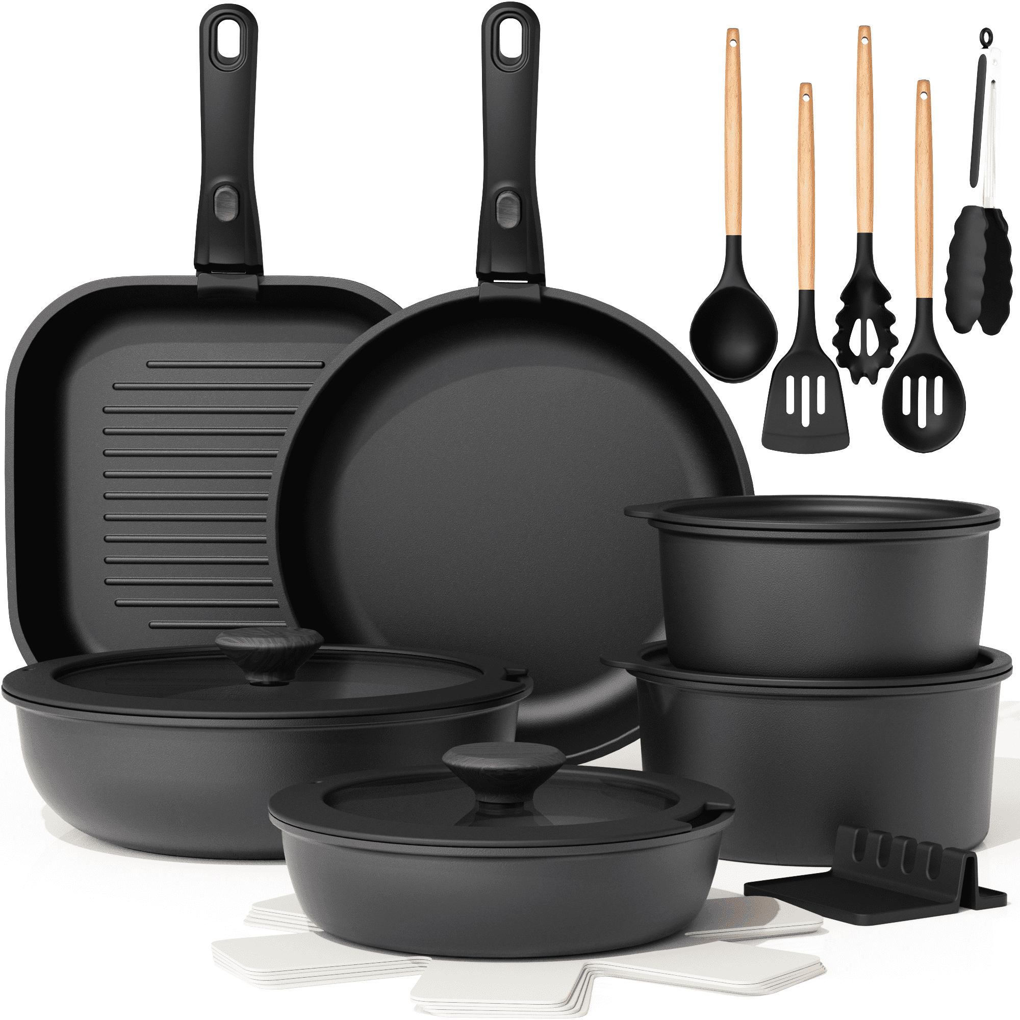 Astercook 22 Piece Pots and Pans Set Non Stick, Cookware Set with Detachable Handles, Induction Compatible & Oven Safe, Stackable Space-Saving Kitchen Cooking Set for RV, Camping & Home, Black