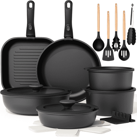 Astercook 22 Piece Pots and Pans Set Non Stick, Cookware Set with Detachable Handles, Induction Compatible & Oven Safe, Stackable Space-Saving Kitchen Cooking Set for RV, Camping & Home, Black