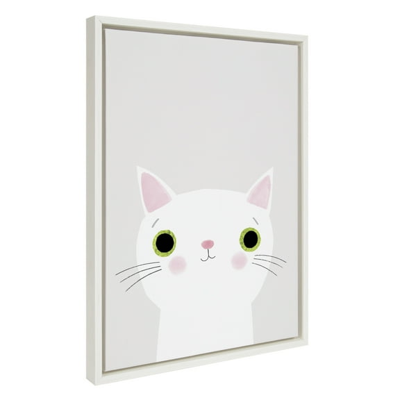 Kate and Laurel Sylvie White Cat with Green Eyes Framed Canvas Wall Art by Planet Cat, 18x24 White, Cute Whimsical Cat Portrait Art for Wall Home Decor