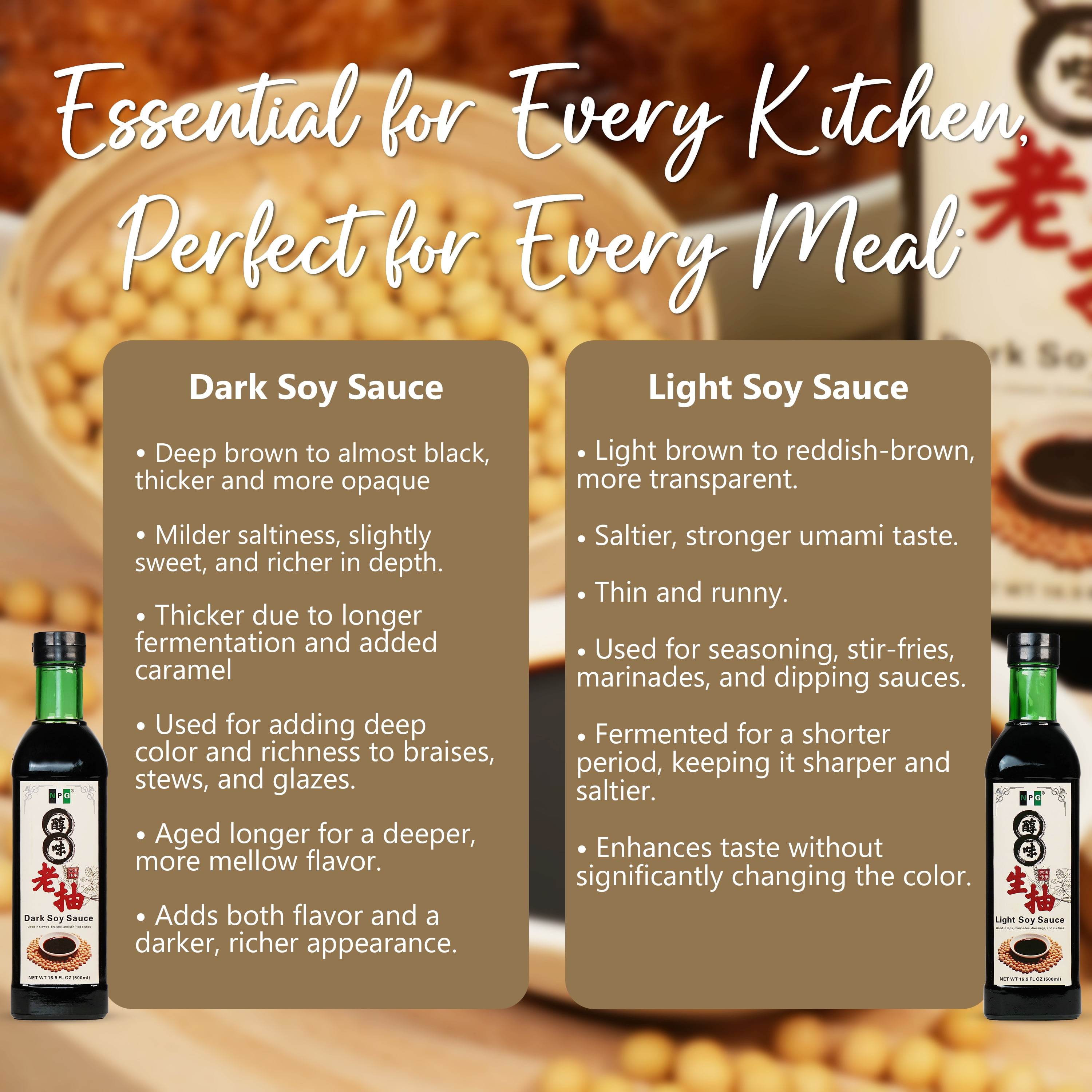 NPG Light & Dark Soy Sauce Set 16.9 fl oz (Pack of 2), Dipping Sauce for Dumplings, Fish, Noodles, Marinades, Stir Fry, Vegan