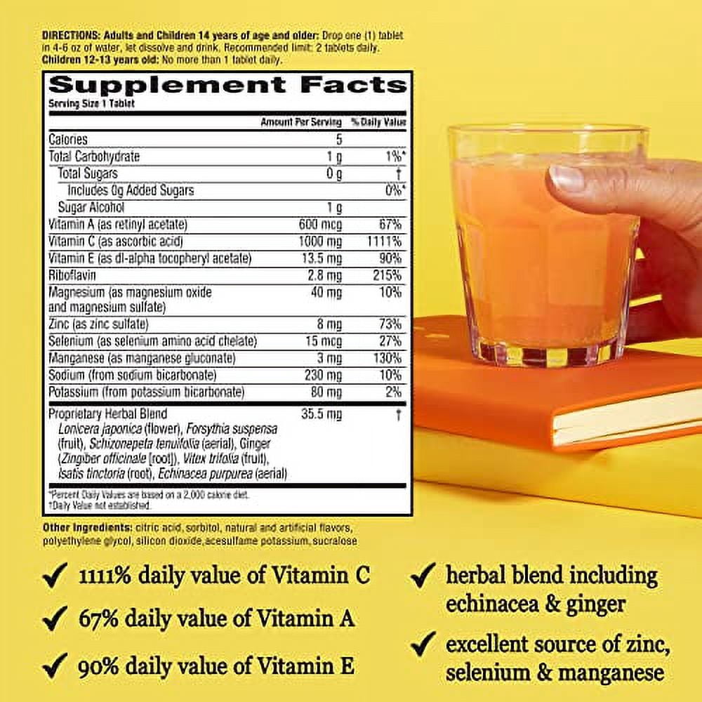 Airborne 1000mg Vitamin C with Zinc Effervescent Tablets, Immune Support Supplement with Powerful Antioxidants Vitamins A C & E - 30 Fizzy Drink Tablets, Zesty Orange Flavor