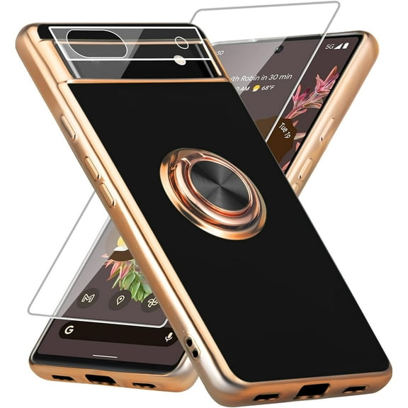 for Google Pixel 6A Case, Built-in 360 Rotation Ring Holder with Screen Protector & Camera Lens Protector, Luxury Shiny Electroplated Edged Shockproof Protective Phone Cover (Black/Golden)