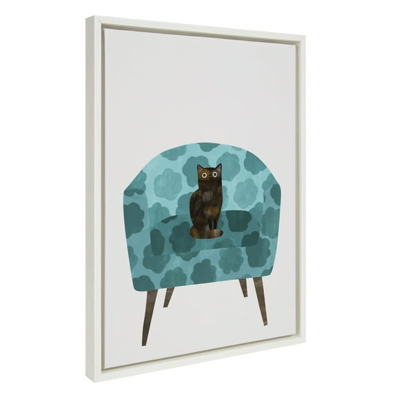 Kate and Laurel Sylvie 9 Teal Chair Framed Canvas Wall Art by Planet Cat, 18x24 White, Modern Simple Living Room Chair with Animal Art for Wall Decor