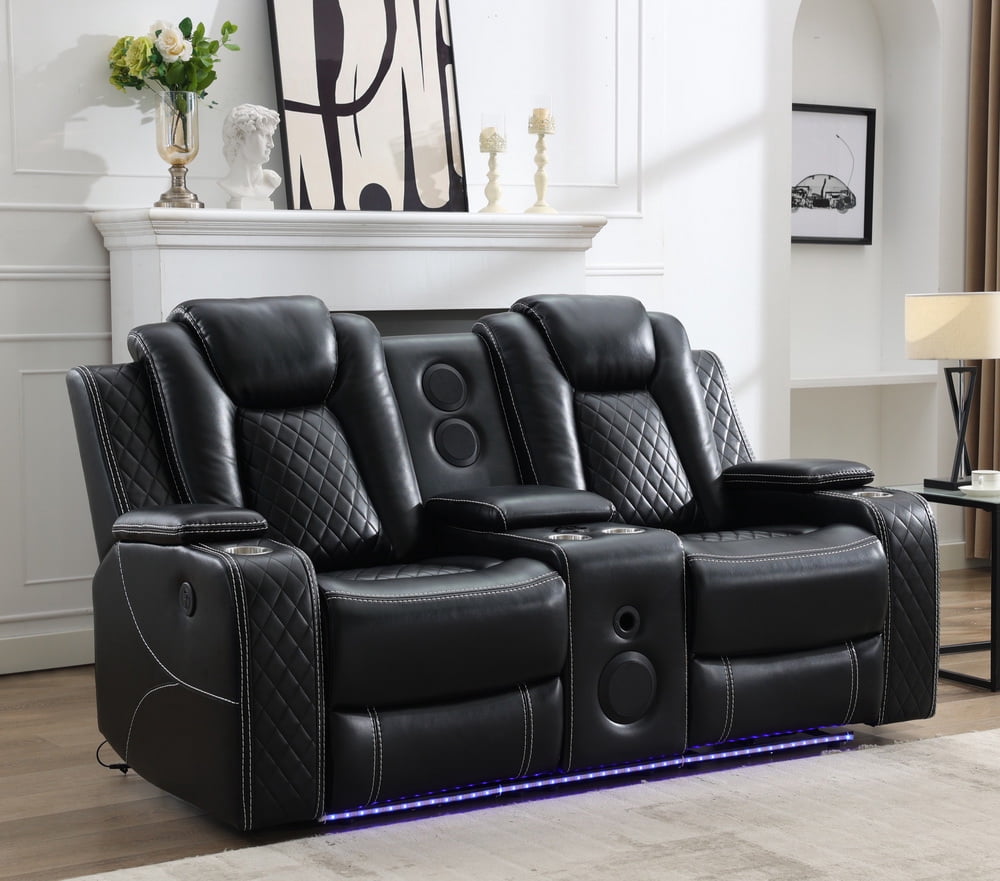Gewnee 2-Seat Technical Leather Power Reclining Loveseat with LED Strip, Bluetooth Speakers, USB Charging, Cup Holders and Storage, Black