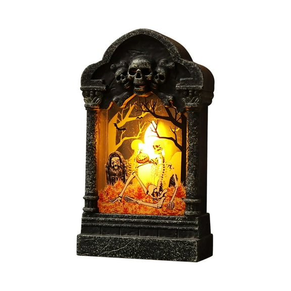 Flickering LED Tombstone Lamp - Halloween Decor Night Light with Spooky Skull & Pumpkin – Battery Powered Haunted House Atmosphere Light for Desk, Party, Room