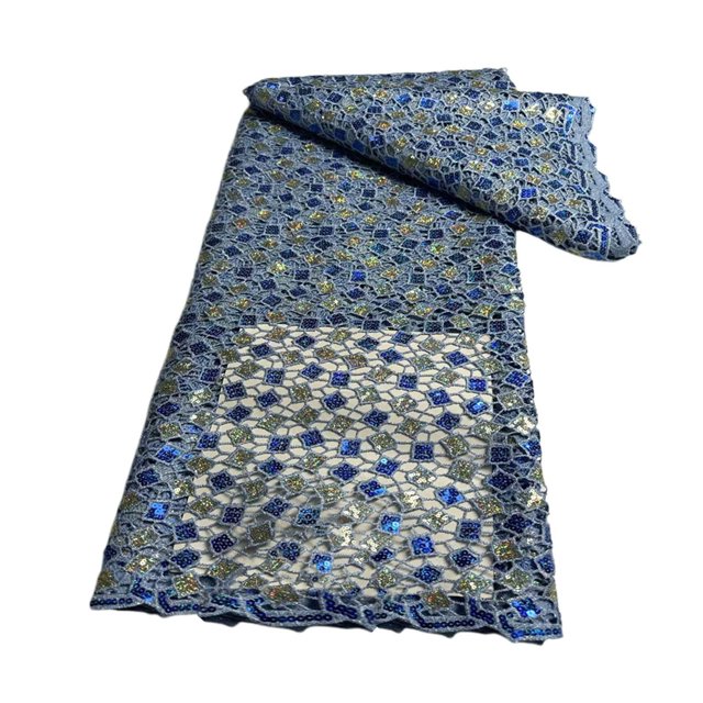 Tela de encaje bordado de malla de encaje, Material de tela de encaje con lentejuelas brillantes a la moda cómoda para vestido de novia, chal, ropa Azul