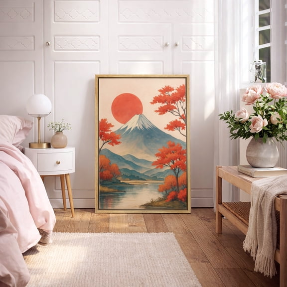 Framed Canvas Print Japanese Landscape Wall Art Japandi Decorative for Living Room Bedroom - 16"x24" NATURAL
