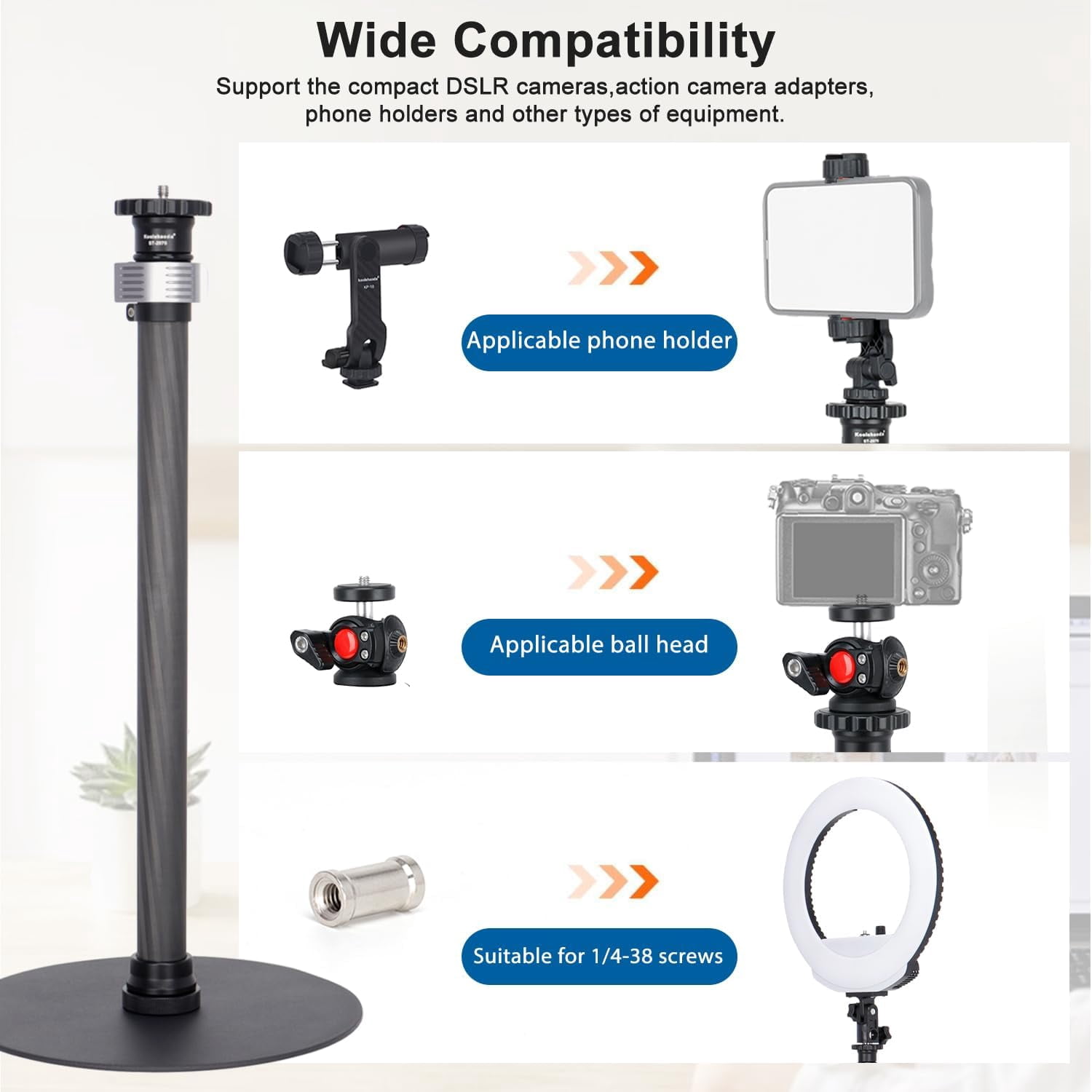 Koolehaoda Tripod Stand Extendable Monopod Carbon Fiber Pole wiht Round Base for Desk, 360° Rotatable Ballhead Tabletop Webcam Stand for DSLR Camera, Light, Webcam, Live Streaming, Vlogging