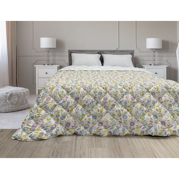 Floral Down Alternative Comforter, Paintbrush Drawn Doodle Flowers with Laurel Leaves Botanical, Microfiber Quilt for All Season, 5 Sizes, Pale Eggshell Peach, by Ambesonne