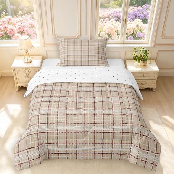 Manfei Classic Plaid Twin Comforter Sets,Vintage Check Bedding Set,Beige Brown,Reversible,2-Piece,1 Comforter and 1 Pillowcase,2-Piece,1 Comforter and 1 Pillowcase