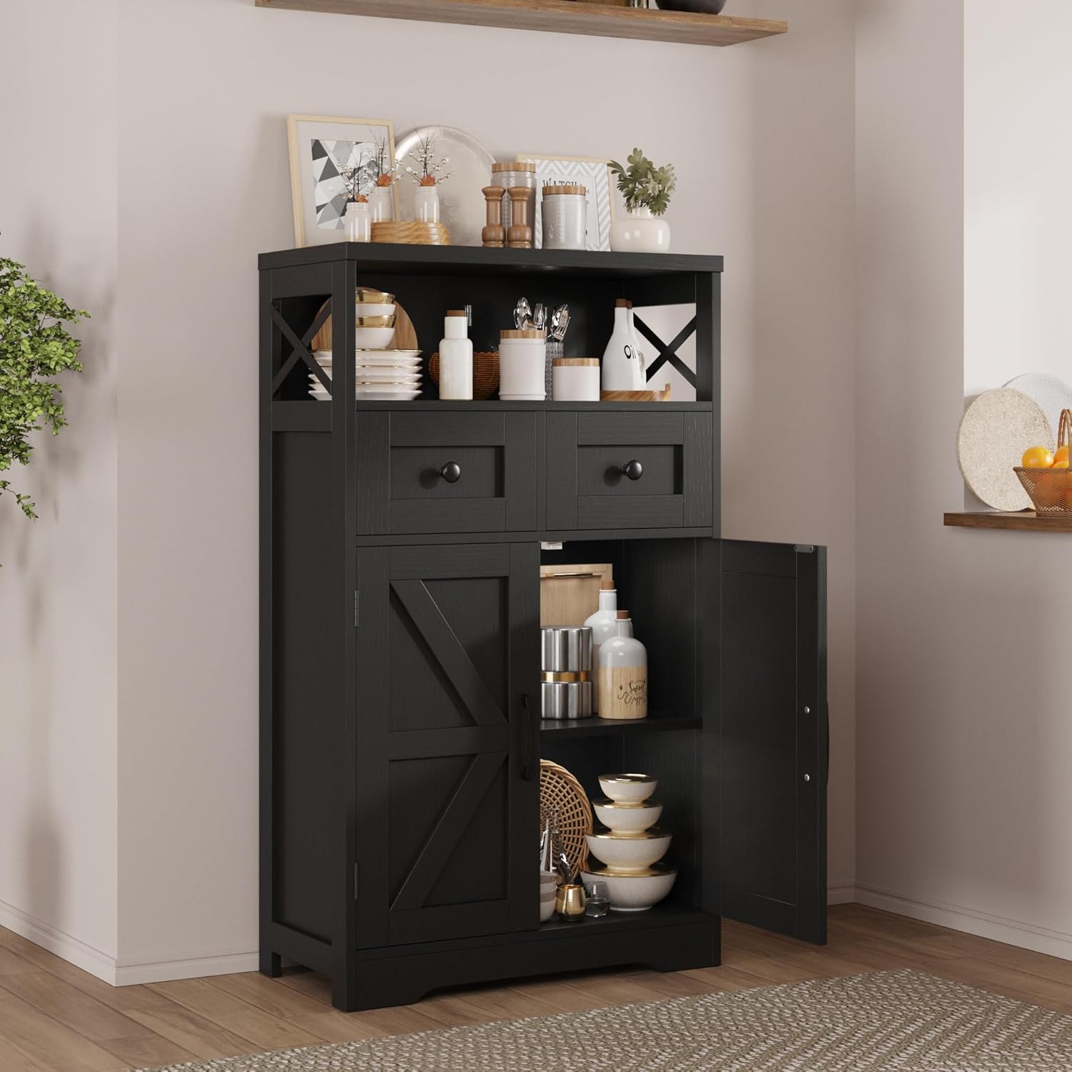 Set of 2 Black Storage Cabinet with Drawers and Shelves, Freestanding Black Kitchen Pantry, Floor Storage Cabinet Hutch Cupboard for Dining, Living Room, Home Office
