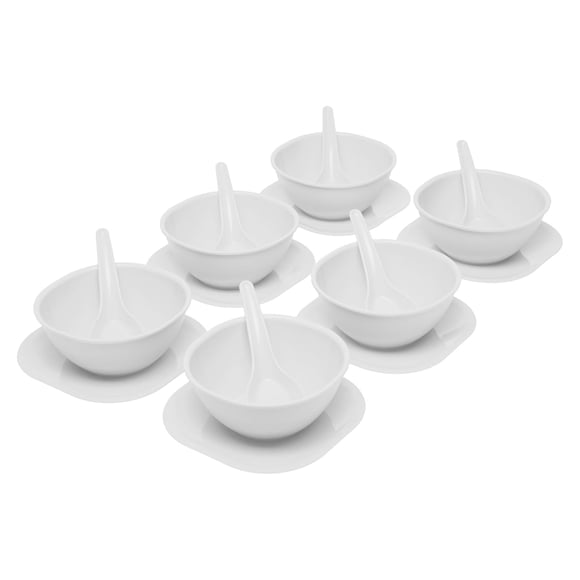 Polycarbonate Round Shape Soup Bowl Set Of 18 Pcs - 400ml Each, White | 6 Bowls+ 6 Spoons+ 6 Dishes - Microwave Safe For Home & Office Use | BPA Free, Dishwasher Safe, Food Grade, Freezer Safe
