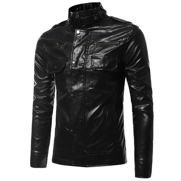 XFYSSS Fashion Men's Solid Color Shoulder Patch Pocket Long Sleeved Zipper Hoodless Casual Leather Jacket Long Sleeve Hoodless Leather Casual Outwear & Jackets