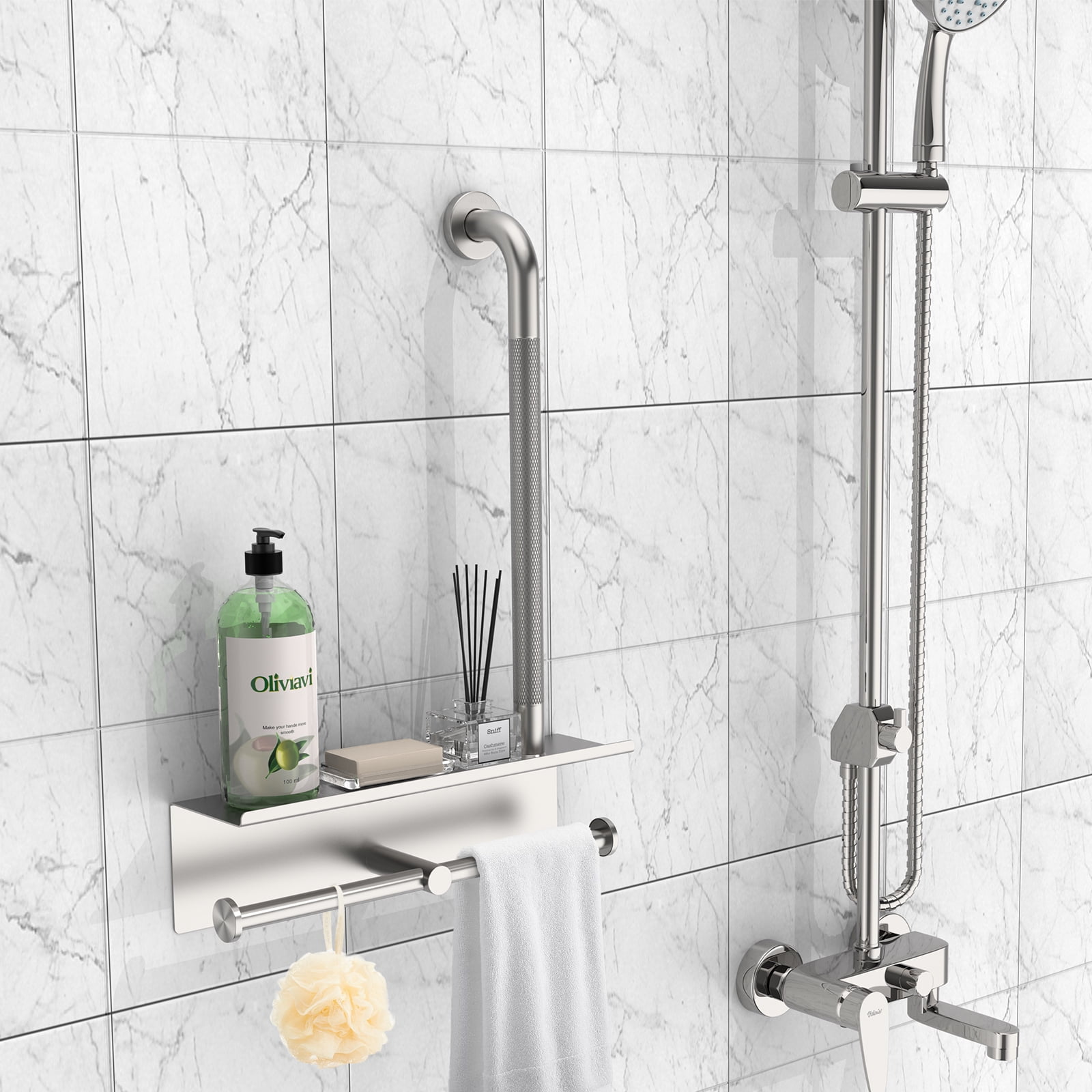 Bathroom Grab Bar with Shower Shelves, ZUEXT Brushed Nickel Toilet Paper Holder 3 in 1 Bathroom Organizers and Storage, Anti Slip Stainless Steel Safety Hand Rail for Handicap Elderly Senior Assist