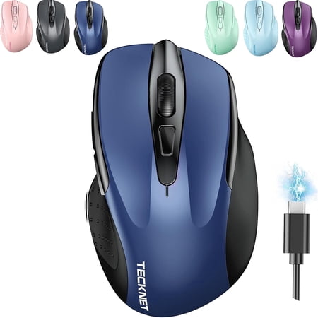 TECKNET Wireless Mouse (BT5.0/3.0 & 2.4G) Rechargeable 4800 DPI Silent USB A & Bluetooth Mouse 6 Buttons Wide Compatibility – Blue