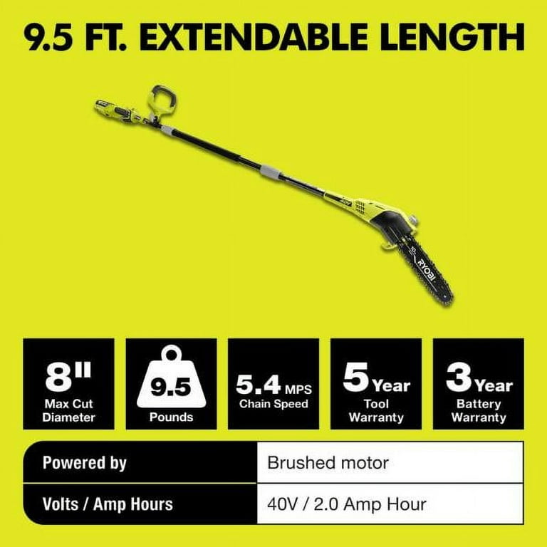 RYOBI RY40560 10 in. 40 Volt Lithium Ion Cordless Battery Pole Saw 2.0 Ah Battery and Charger Included