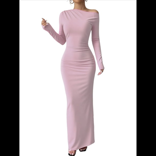 Vestidos Largos Ajustados con Frunces, de Larga y Estampado Floral para Mujer, para Fiesta, Club y Otoño/. Rosa Puro XL