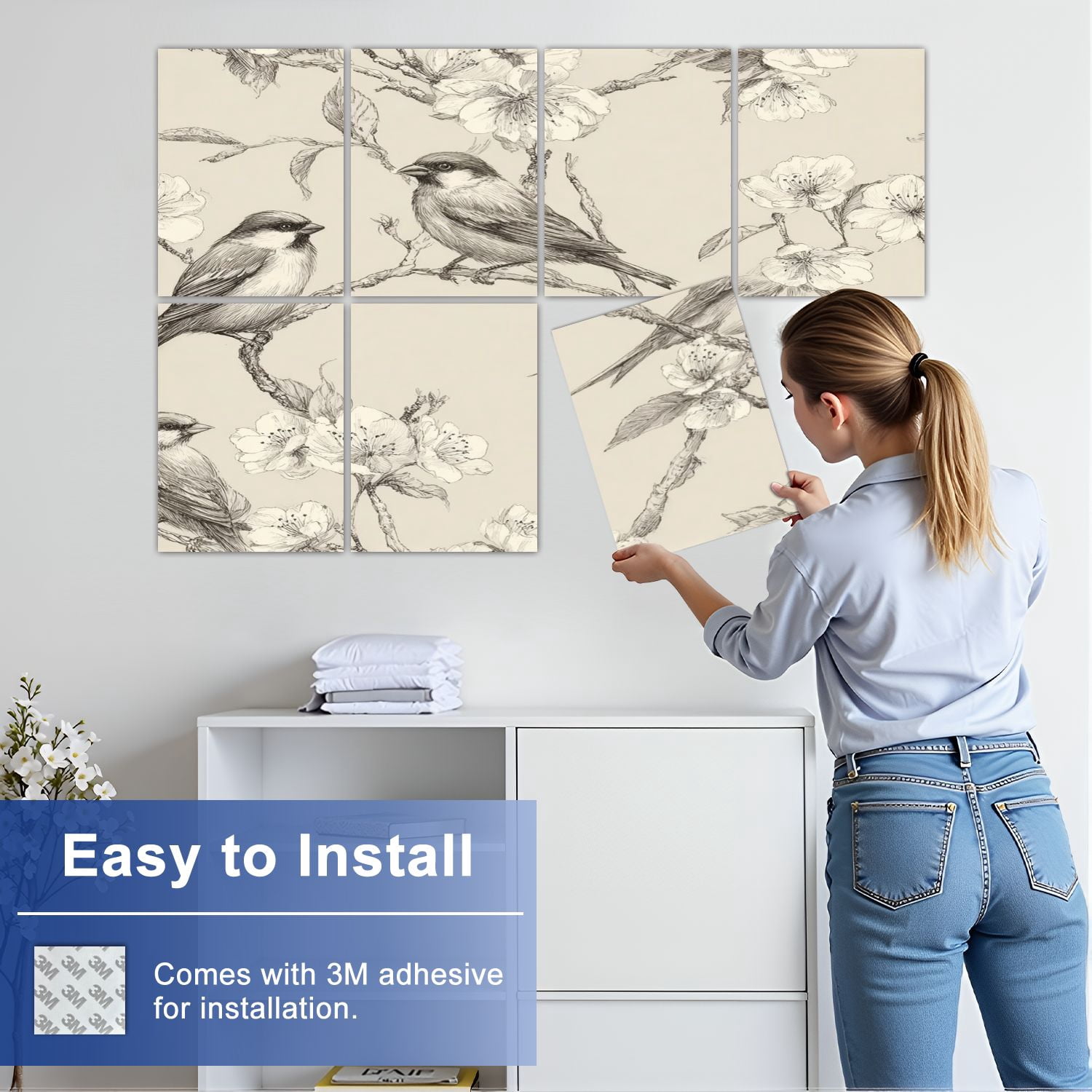 8 Pack Art Acoustic Panels Sound Absorbing Vintage Bird Cherry Blossom Decorative Soundproof Wall Panels Self Adhesive for Nursery Game Room Bedroom 48"x32"