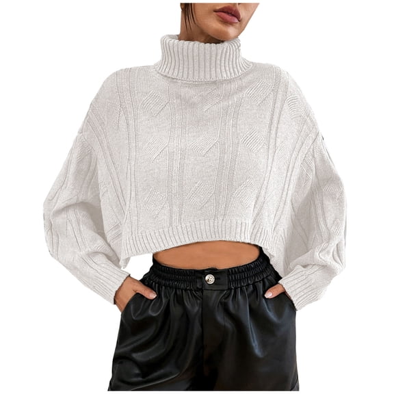 XFLWAM Women's Turtleneck Knit Sweaters Casual Long Batwing Sleeve Pullover Cropped Cute Jumper Drop Shoulder Top White S