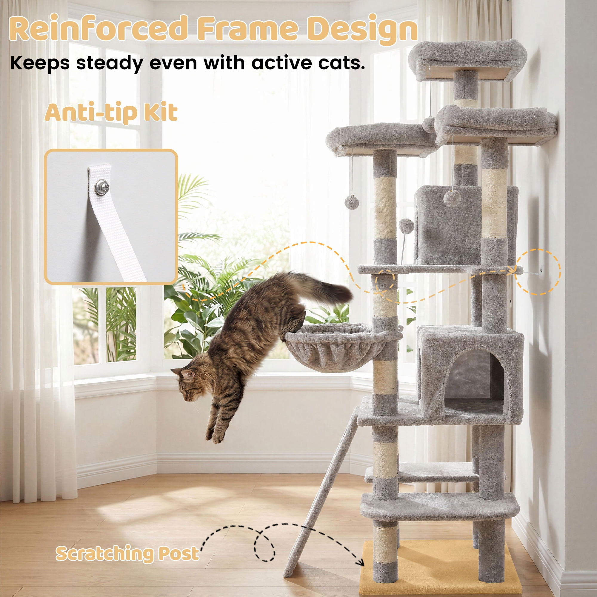 FOOWIN 70.8" Large Cat Tree, Multi-Level Cat Tower with Sisal Scratching Posts, Cat Activity Center Cat Play House, Gray