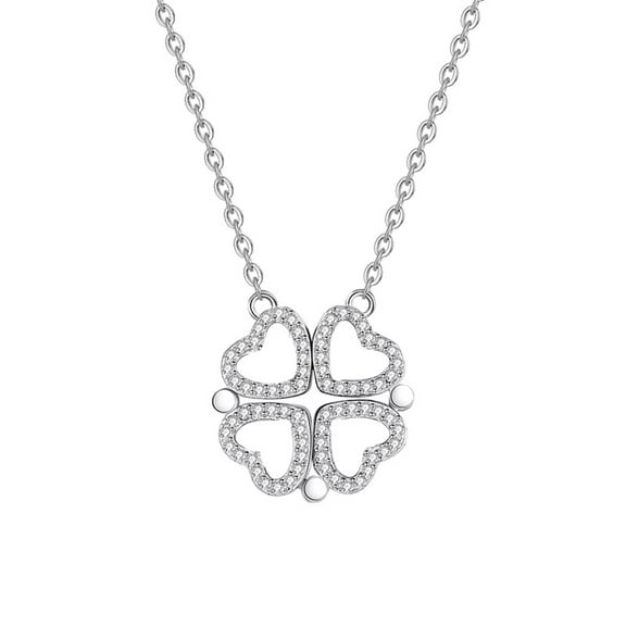 S925 Sterling Silver Heart To Heart Four-leaf Clover Necklace For Women's  Fashion Collarbone Chain Love Fold Two Wear Creative Silver Jewelry
