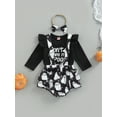 thumbnail image 3 of Qiylii 3 Pieces Baby Girls Outfits Set, Letter Ghost Print O-Neck Long Sleeve Romper + Suspender Culottes+ Headband, 0-24 Months, 3 of 9