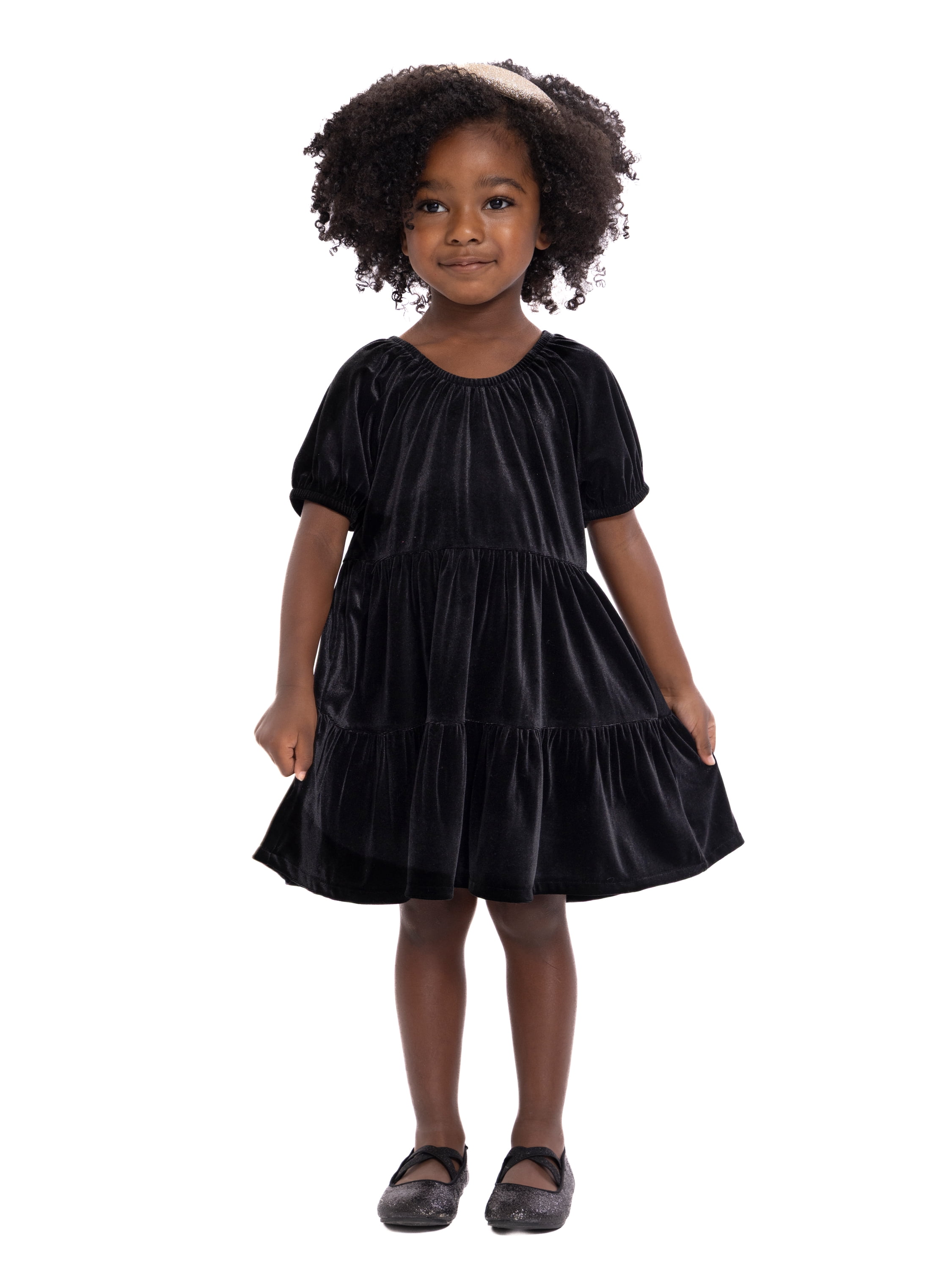 Wonder Nation Toddler Girls Tiered Velvet Dress with Puff Sleeves, Sizes 12M-5T