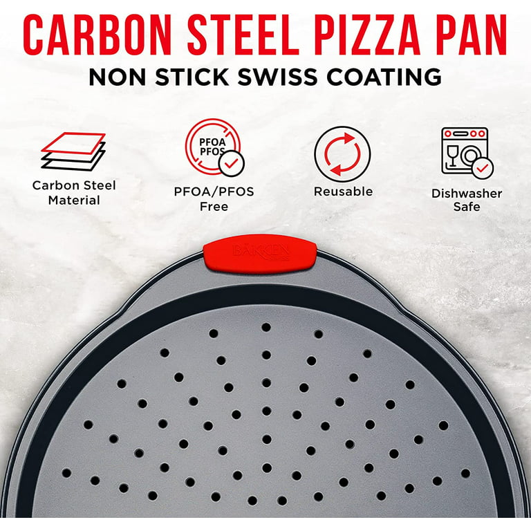 Bakken- Swiss Pizza Tray 2 Round with Silicone Handles Carbon Steel Pizza Pan with Holes and Non-Stick Coating PFOA PFOS and PTFE Free by Bakken, B