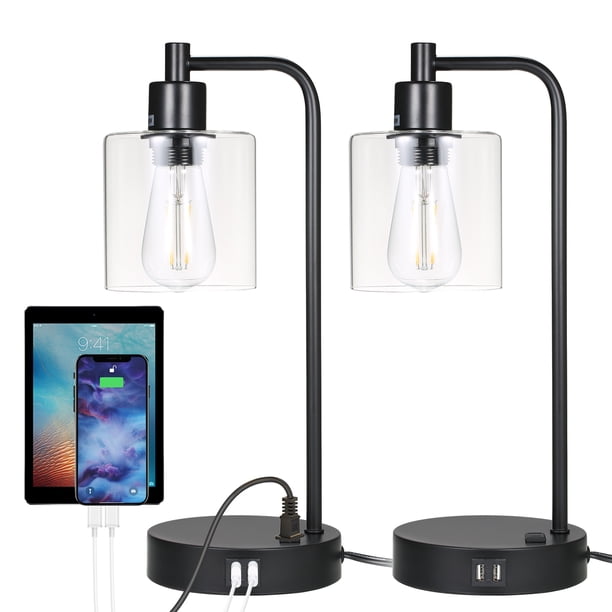 Tomshine Industrial Touch Control Table Lamps Set of 2 with 2 USB Ports and AC Outlet, 3-Way Dimmable Nightstand Desk Lamp for Bedroom Living Room, Glass Shade & 2 LED Bulbs Included