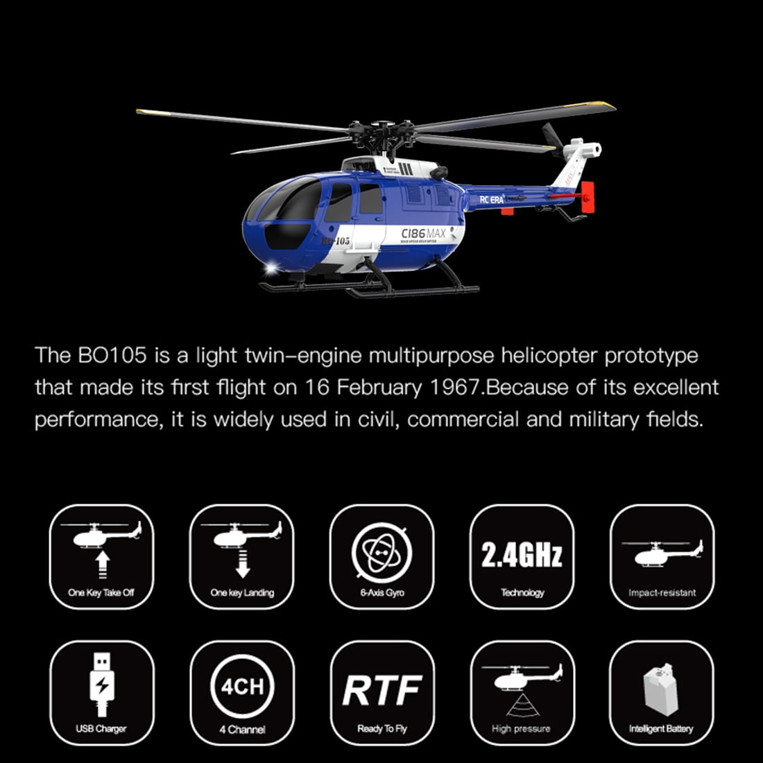 RC ERA C186MAX BO105 1:48 RC Helicopter, 2.4GHz 4CH Single Flybarless Direct-Drive 6-Axis Gyro Aircraft Toy with Optical Flow / Low Voltage Alarm -RTF Total Control for Adults
