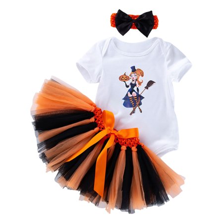 

BAYAIXZ Baby Girl Clothes Halloween Toddler Girl Short Sleeve Witch Print Top Half Skirt Set with Headband Set 0 To 24 Months Outfits for Girls Baby Girl Outfits (White 73)